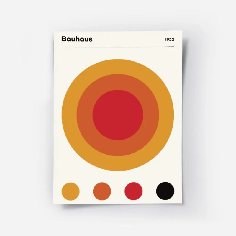 affiche bauhaus 1923 avec un grand cercle orange et rouge des cercles plus petit.webp