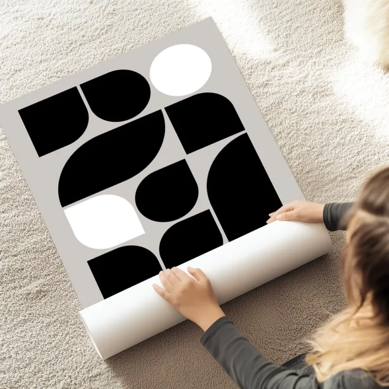 affiche bauhaus abstraite avec formes geometriques noires et blanches sur fond g au sol.webp