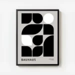 affiche bauhaus abstraite avec formes geometriques noires et blanches sur fond g avec cadre.webp