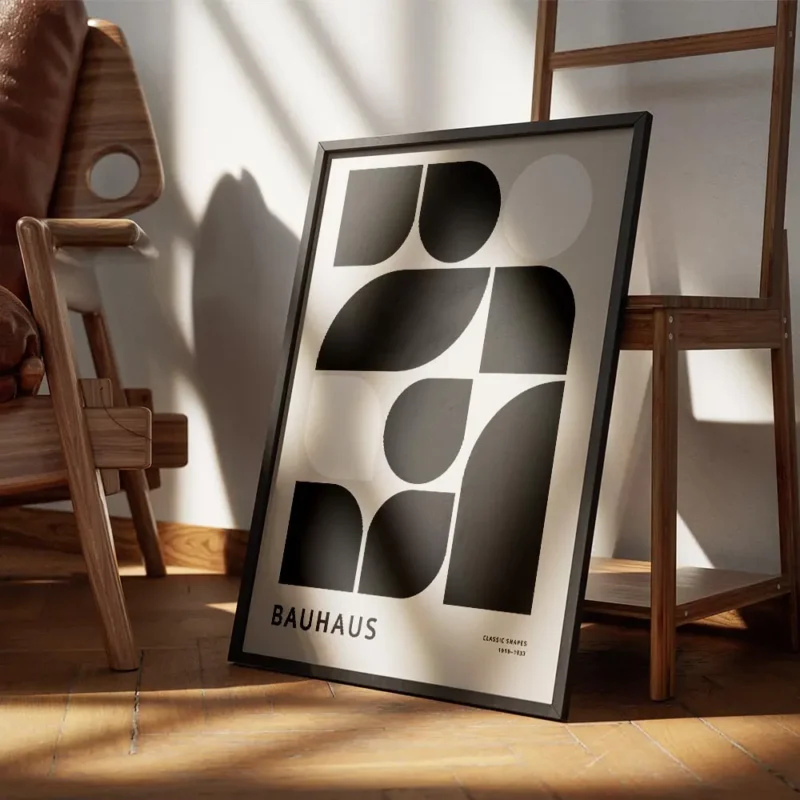 affiche bauhaus abstraite avec formes geometriques noires et blanches sur fond g encadre.webp