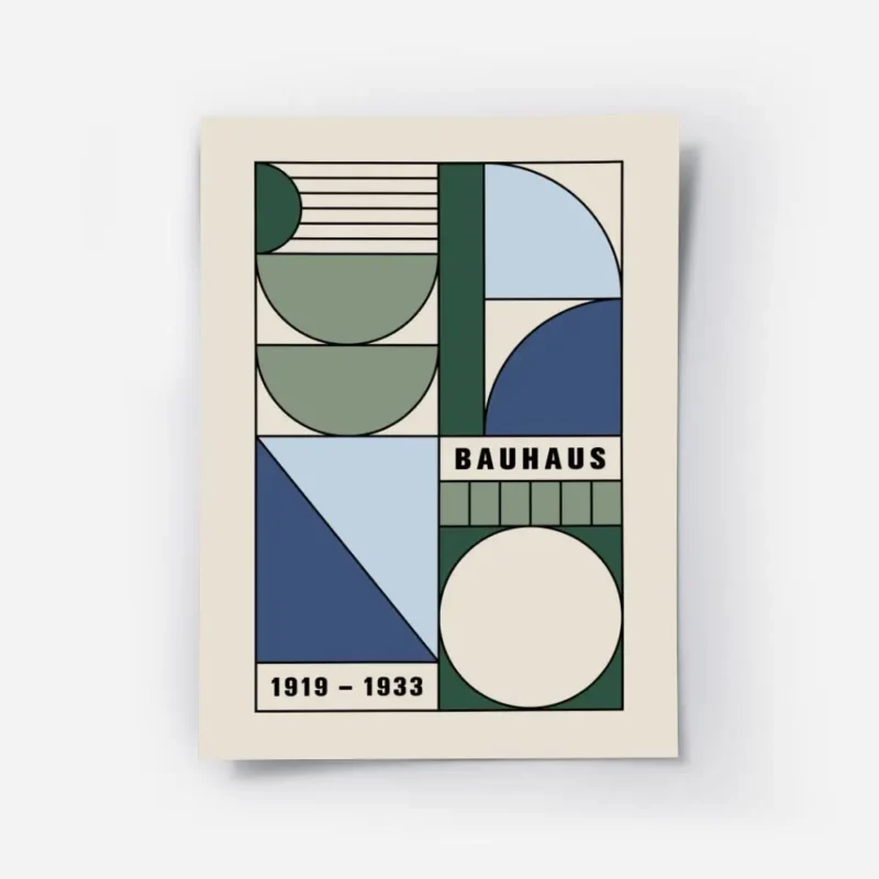 affiche bauhaus abstraite avec formes geometriques vertes et bleues et texte bau.webp