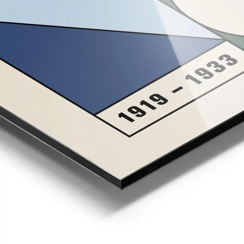 affiche bauhaus abstraite avec formes geometriques vertes et bleues et texte bau aluminium.webp
