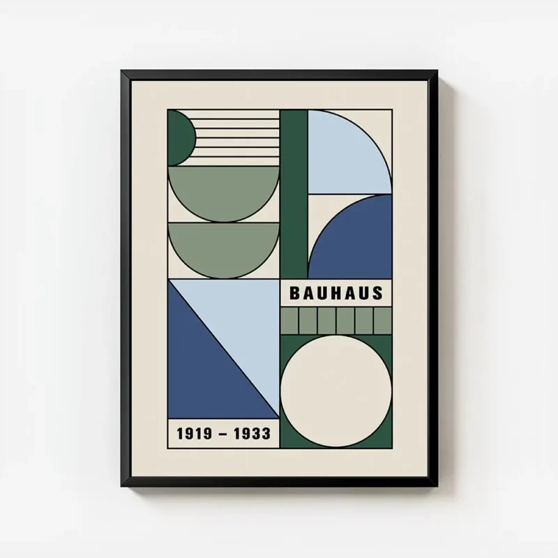 affiche bauhaus abstraite avec formes geometriques vertes et bleues et texte bau avec cadre.webp