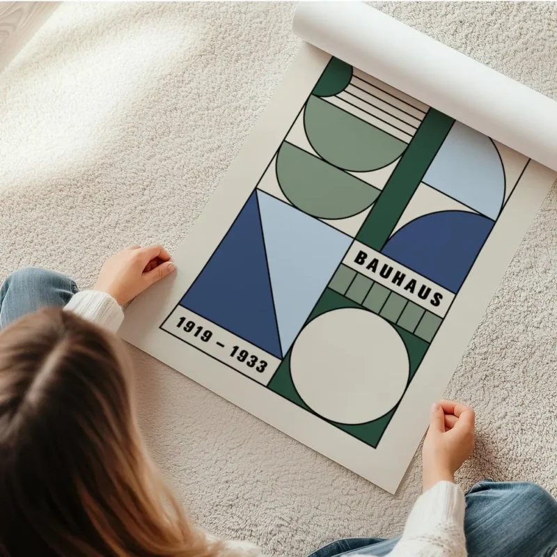 affiche bauhaus abstraite avec formes geometriques vertes et bleues et texte bau en rouleau.webp