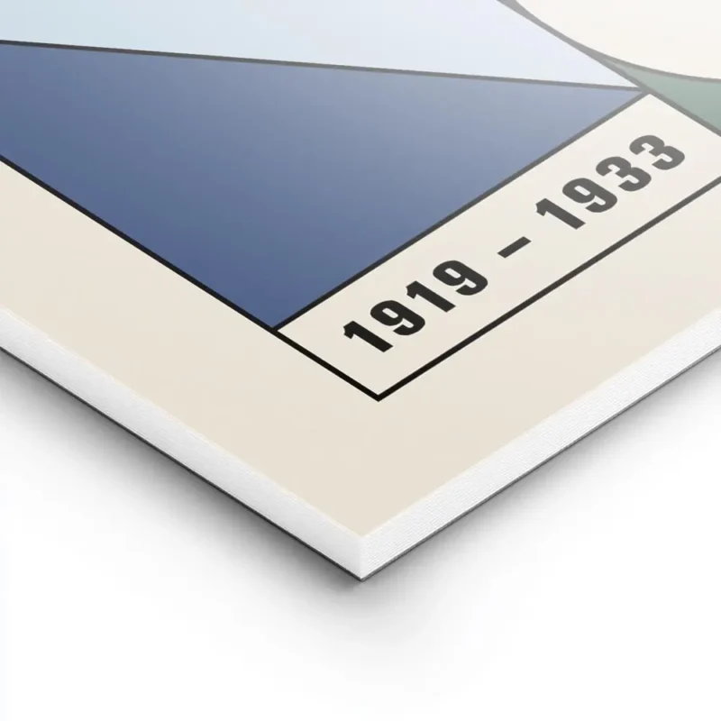 affiche bauhaus abstraite avec formes geometriques vertes et bleues et texte bau lightpanel.webp
