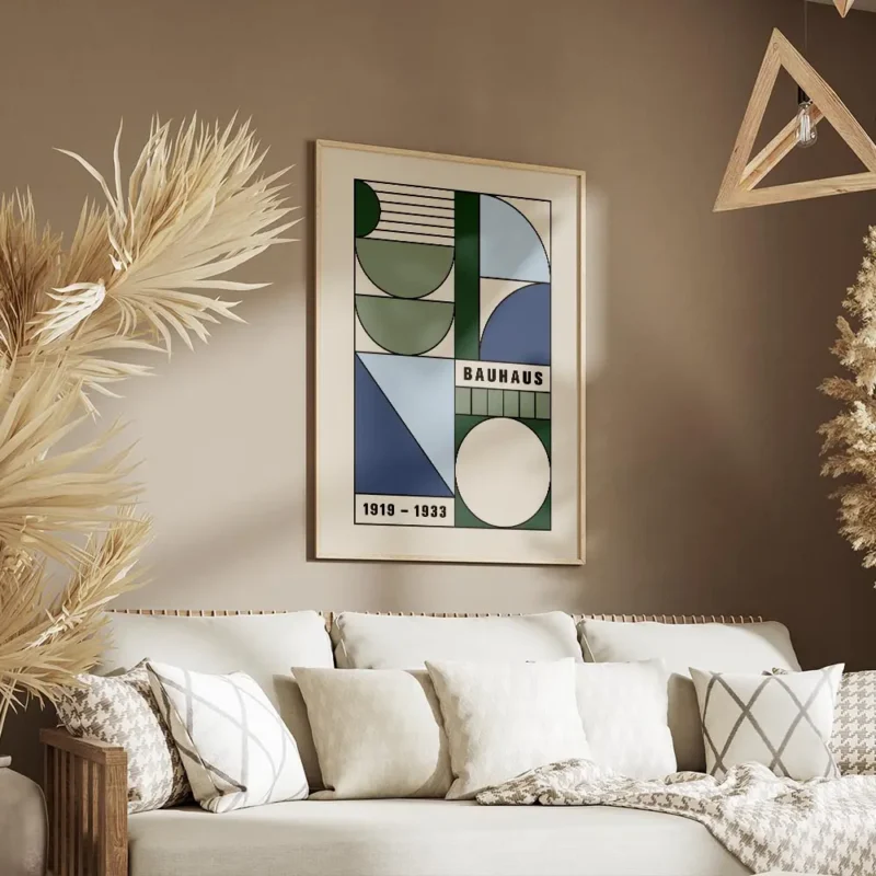 affiche bauhaus abstraite avec formes geometriques vertes et bleues et texte bau salon.webp