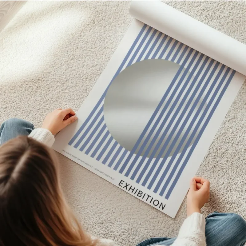 affiche bauhaus abstraite avec un disque argente et des rayures verticales bleue en rouleau.webp