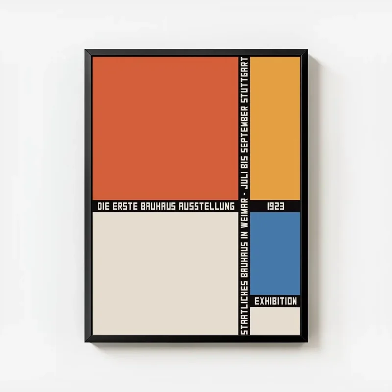 affiche bauhaus avec blocs geometriques orange beige bleu et jaune typographie n avec cadre.webp
