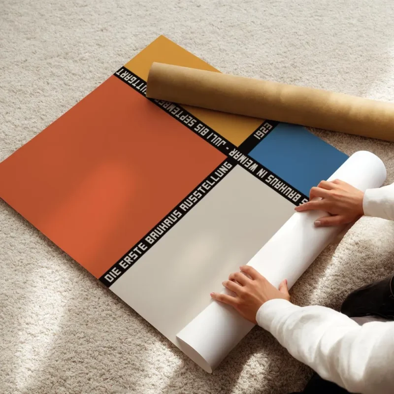 affiche bauhaus avec blocs geometriques orange beige bleu et jaune typographie n enroule.webp