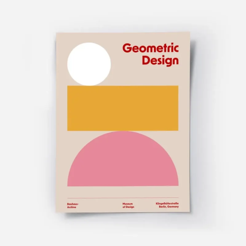 affiche bauhaus avec cercle blanc rectangle orange demi cercle rose sur fond bei.webp