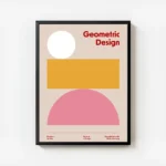 affiche bauhaus avec cercle blanc rectangle orange demi cercle rose sur fond bei avec cadre.webp