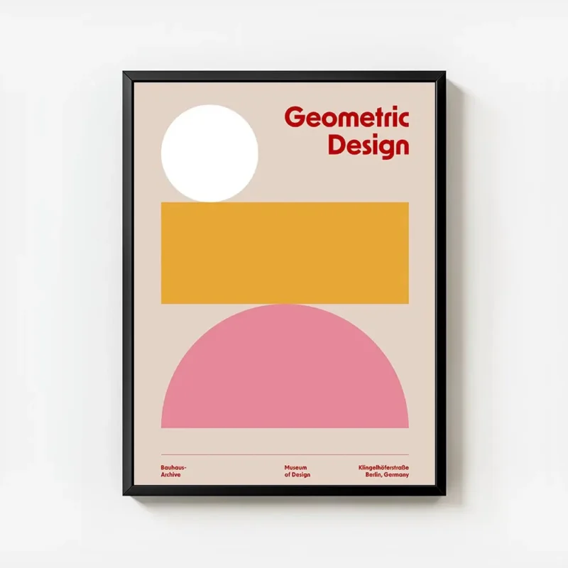 affiche bauhaus avec cercle blanc rectangle orange demi cercle rose sur fond bei avec cadre.webp
