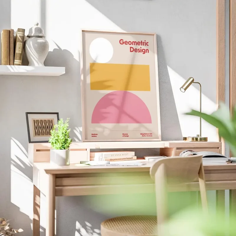 affiche bauhaus avec cercle blanc rectangle orange demi cercle rose sur fond bei bureau.webp