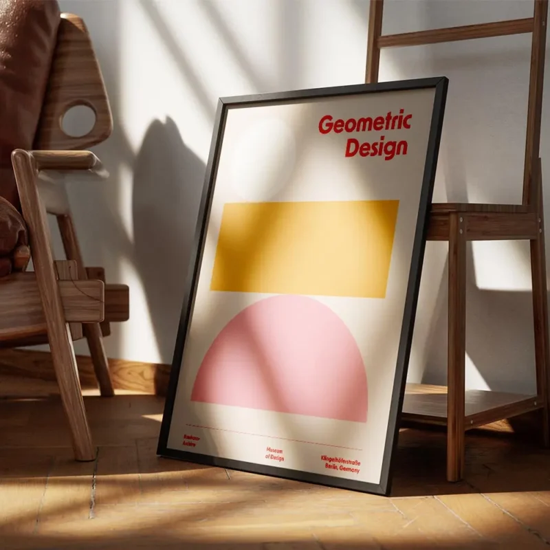 affiche bauhaus avec cercle blanc rectangle orange demi cercle rose sur fond bei encadre.webp