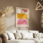 affiche bauhaus avec cercle blanc rectangle orange demi cercle rose sur fond bei salon.webp