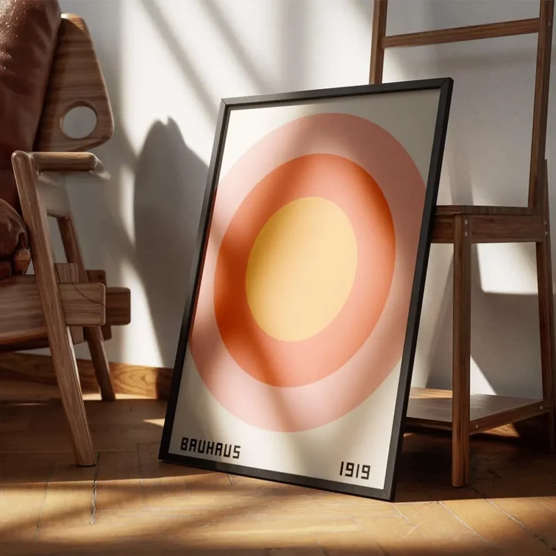 affiche bauhaus avec cercles concentriques rose orange et jaune retro typographi encadre.webp
