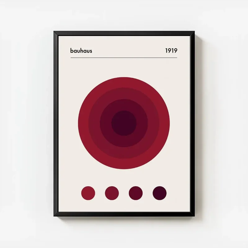 affiche bauhaus avec cercles rouges concentriques typographie bauhaus et lannee avec cadre.webp