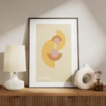 affiche bauhaus avec des formes geometriques orange et rose sur fond beige texte meuble.webp