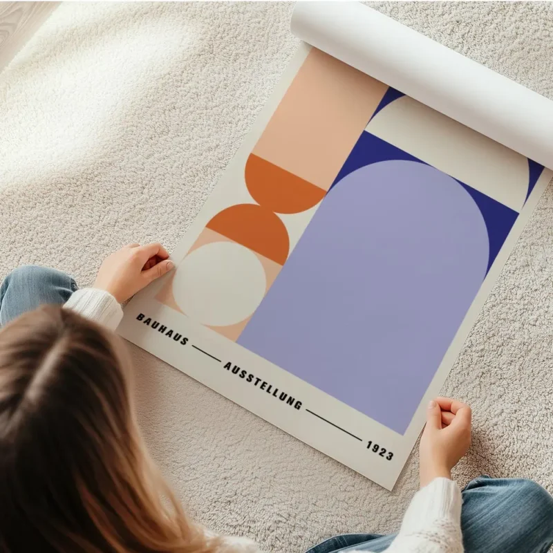 affiche bauhaus avec des formes geometriques violettes et orange typographie noi en rouleau.webp