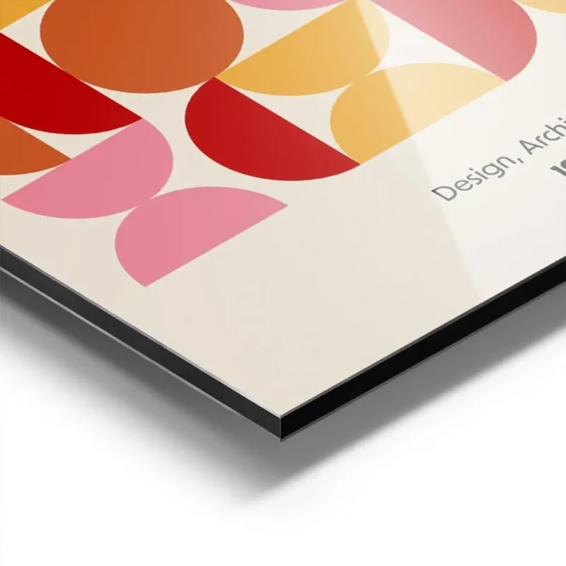 affiche bauhaus avec formes geometriques cercles demi cercles en orange rouge et aluminium.webp