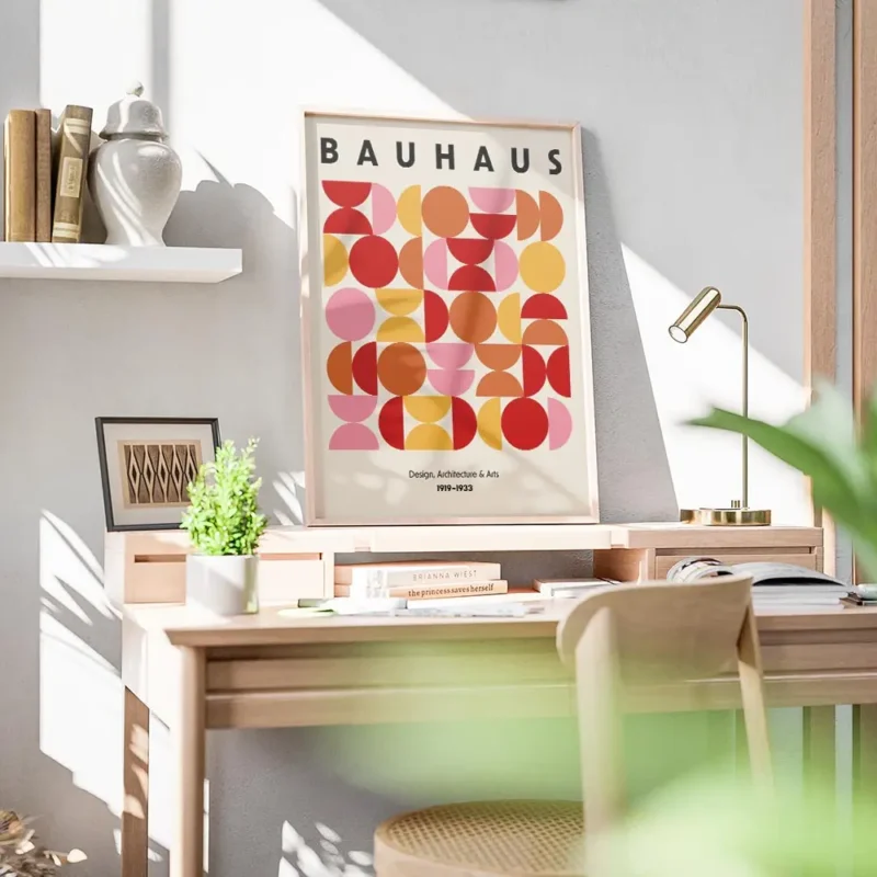 affiche bauhaus avec formes geometriques cercles demi cercles en orange rouge et bureau.webp