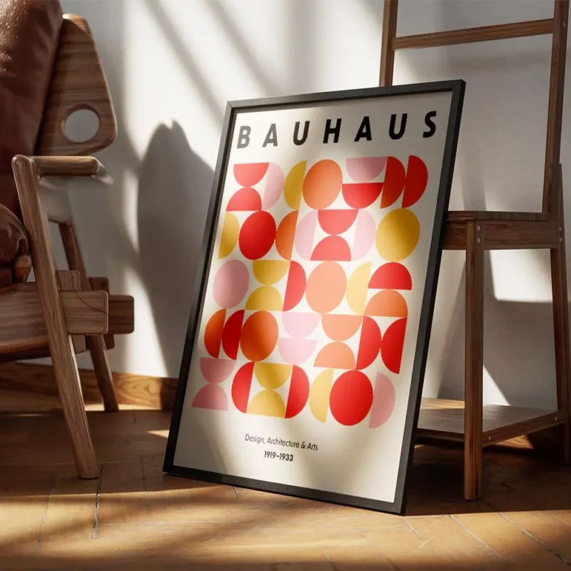 affiche bauhaus avec formes geometriques cercles demi cercles en orange rouge et encadre.webp