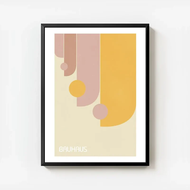 affiche bauhaus avec formes geometriques roses et oranges typographie bauhaus en avec cadre.webp