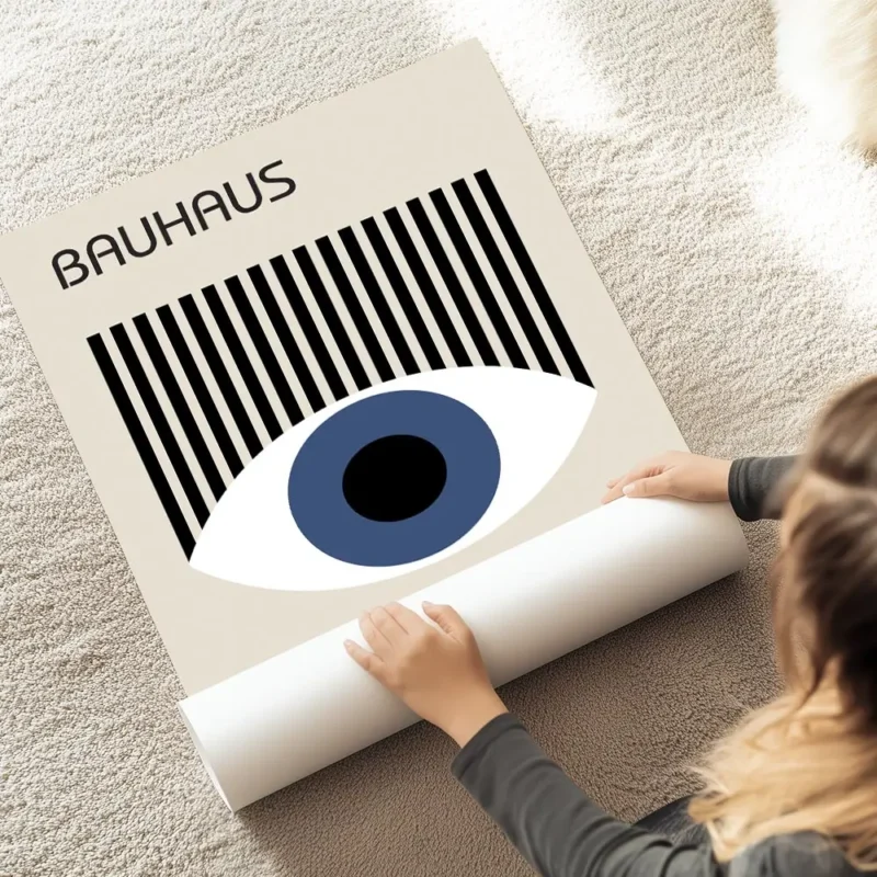 affiche bauhaus avec il bleu et rayures noires texte typographie bauhaus exposit au sol.webp