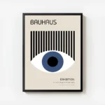 affiche bauhaus avec il bleu et rayures noires texte typographie bauhaus exposit avec cadre.webp