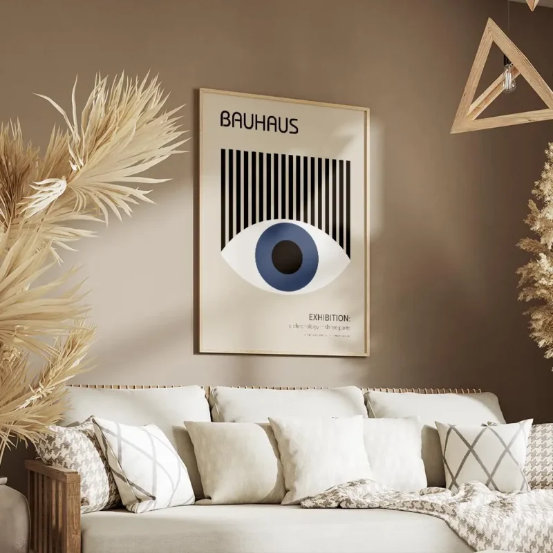 affiche bauhaus avec il bleu et rayures noires texte typographie bauhaus exposit salon.webp