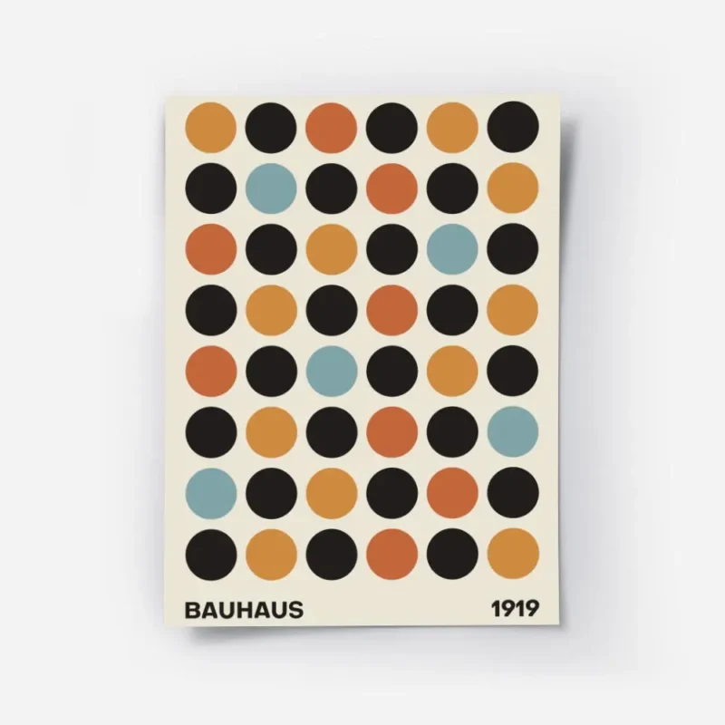 affiche bauhaus avec illustration de cercles noirs rouges orange et bleus sur fo.webp