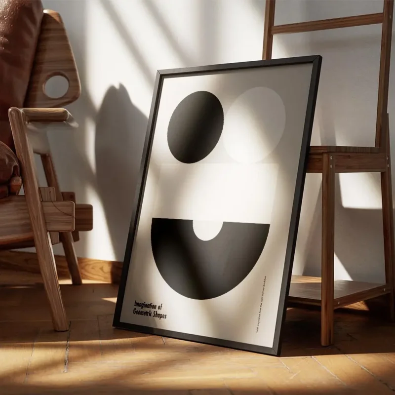 affiche bauhaus contemporaine avec des formes geometriques deux cercles un recta encadre.webp