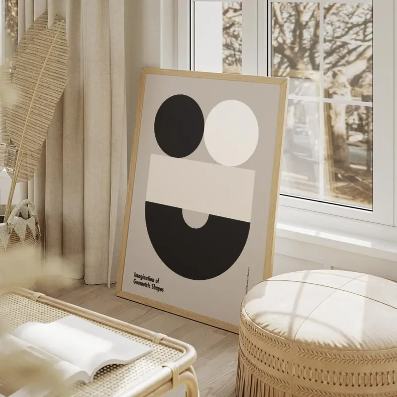 affiche bauhaus contemporaine avec des formes geometriques deux cercles un recta salon beige.webp