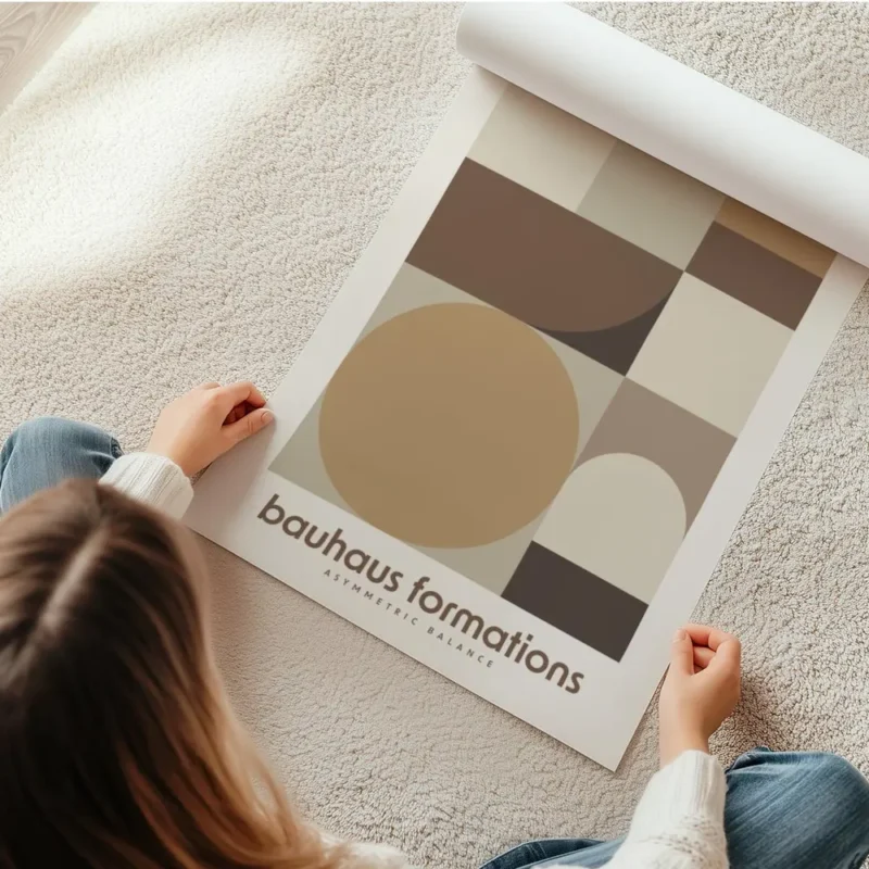 affiche bauhaus formations avec motifs geometriques et typographie tons bruns et en rouleau.webp