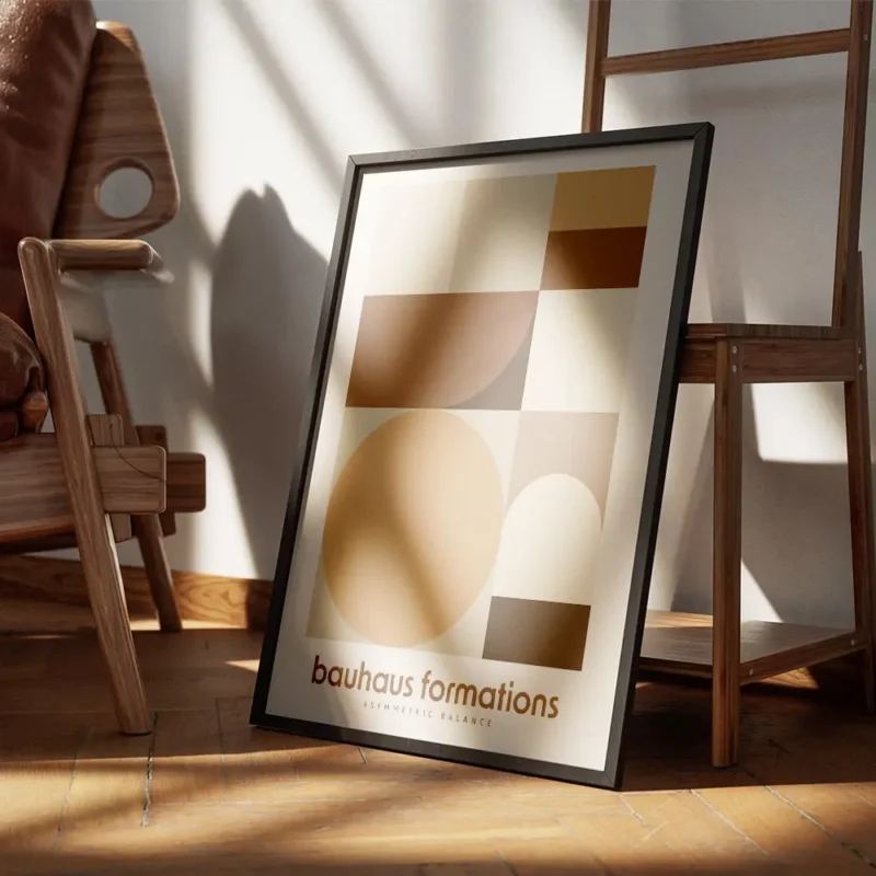 affiche bauhaus formations avec motifs geometriques et typographie tons bruns et encadre.webp