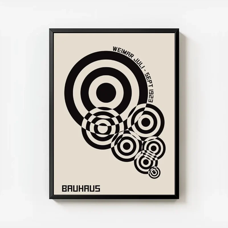 affiche bauhaus geometrique avec cercles noirs et typographie sur fond beige avec cadre.webp