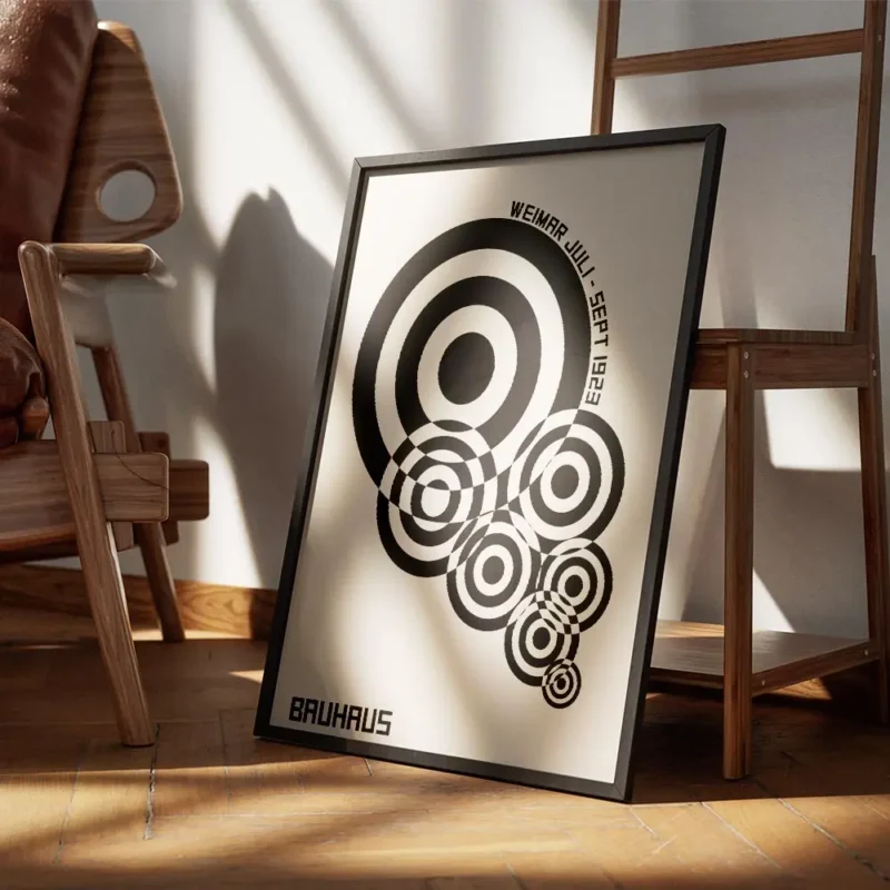 affiche bauhaus geometrique avec cercles noirs et typographie sur fond beige encadre.webp