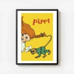 affiche bd pippi longstocking et monsieur nilsson sur fond jaune typographie rou avec cadre.webp