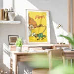 affiche bd pippi longstocking et monsieur nilsson sur fond jaune typographie rou bureau.webp