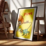 affiche bd pippi longstocking et monsieur nilsson sur fond jaune typographie rou encadre.webp