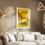 affiche bd pippi longstocking et monsieur nilsson sur fond jaune typographie rou salon.webp