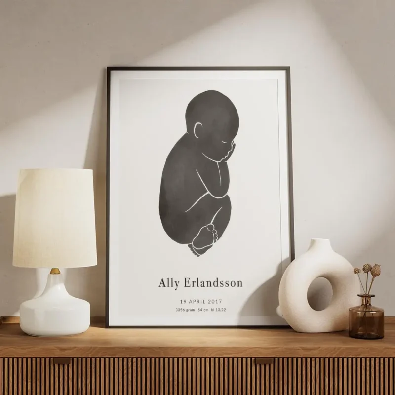 affiche bebe noire personnalisee sur fond gris clair avec typographie du nom et meuble.webp