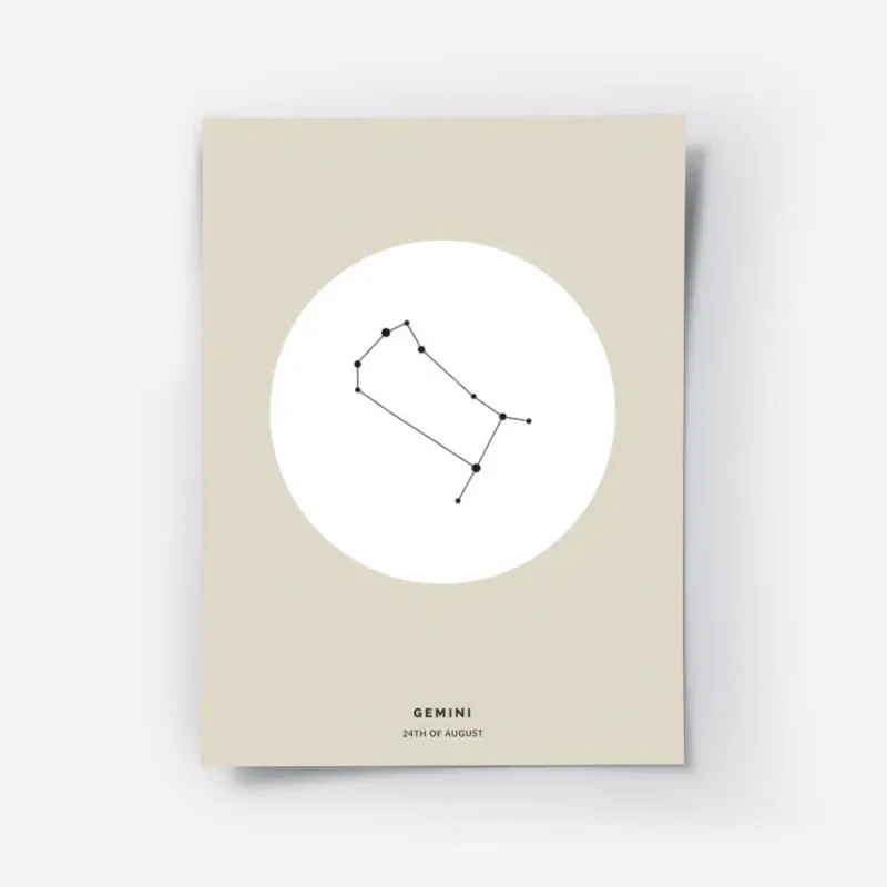 affiche beige avec illustration astrologique des gemeaux en noir dans un cercle .webp