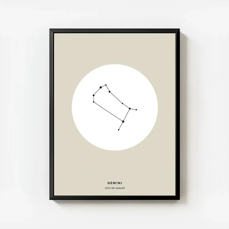 affiche beige avec illustration astrologique des gemeaux en noir dans un cercle avec cadre.webp