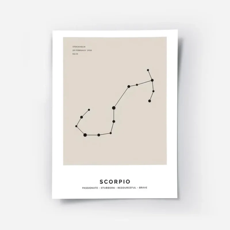 affiche beige avec illustration de la constellation du scorpion en noir typograp.webp