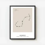 affiche beige avec illustration de la constellation du scorpion en noir typograp avec cadre.webp