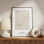 affiche beige avec illustration de la constellation du scorpion en noir typograp meuble.webp