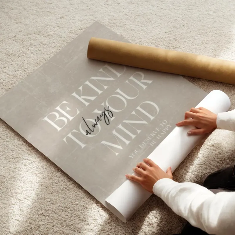 affiche beige avec la citation be kind to your mind always en typographie blanch enroule.webp