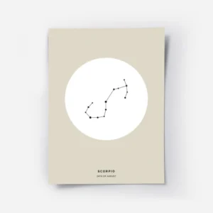 affiche beige avec la constellation du scorpion en noir dans un cercle blanc et .webp
