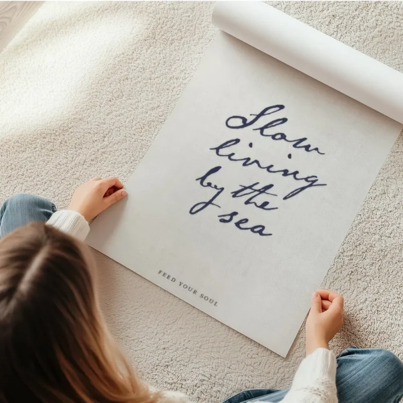 affiche beige avec le texte manuscrit slow living by the sea en bleu fonce et fe en rouleau.webp